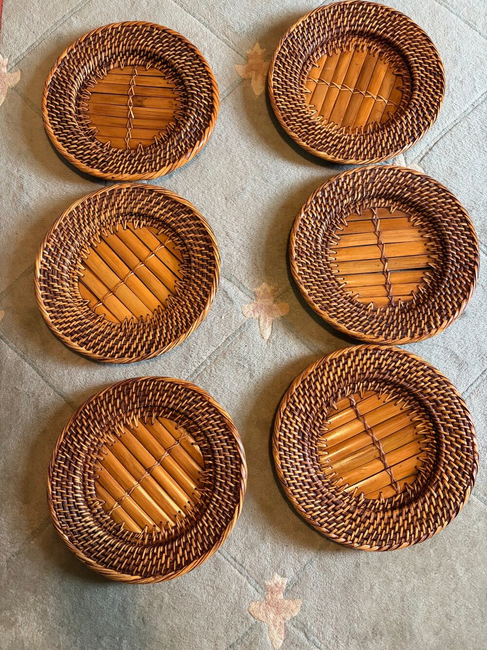Caspari Rattan Round Charger Plates Set of 6 Dark Natural Woven 12.5"
